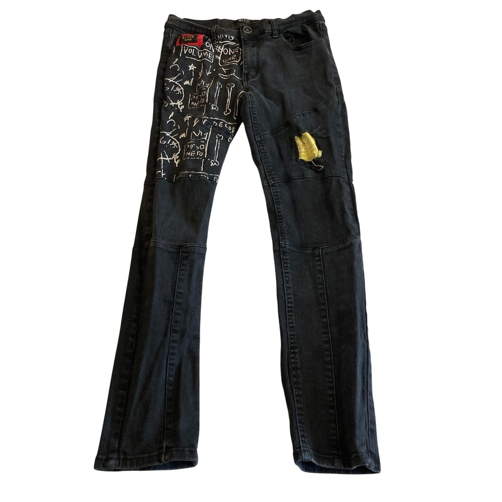 Reason Basquiat Jeans Men 32 (Fit 30x29)Black Graffiti Distressed Slim Straight